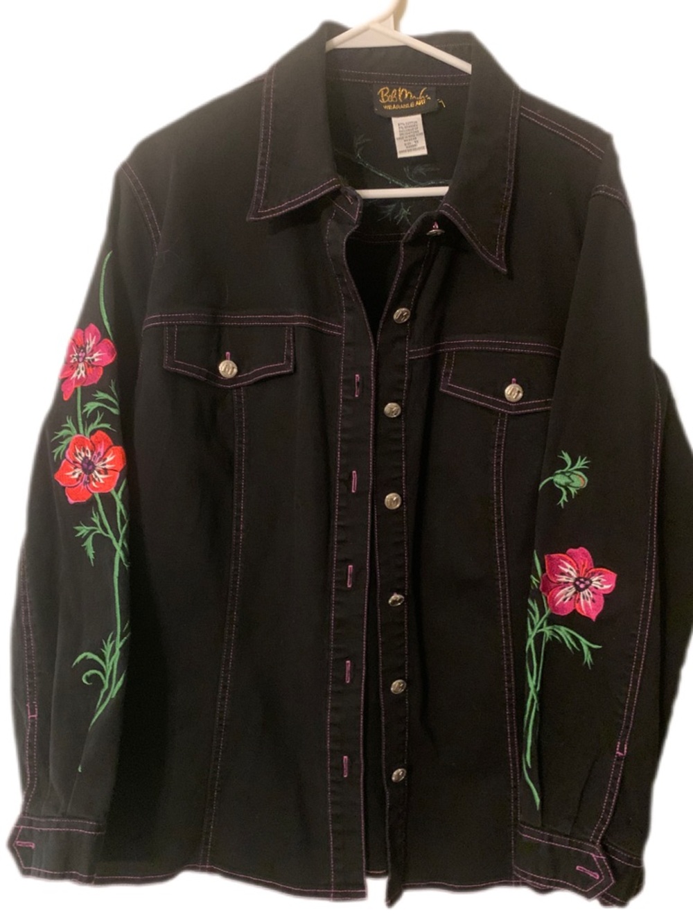 Bob Mackie Black Button-Up Jacket with Pink & Red Floral Embroidery